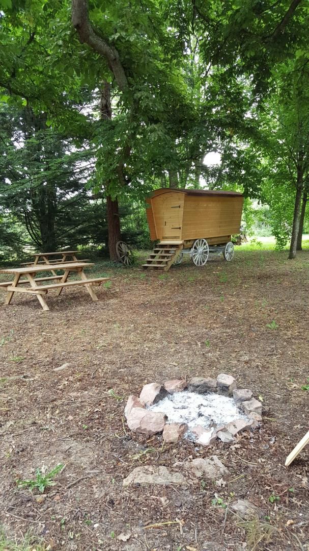 A campsite with a fire pit, picnic tables, and a wooden outhouse.