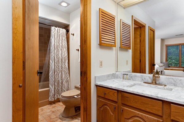 Un baño con ducha, inodoro, tocador con lavabo y armarios de madera.