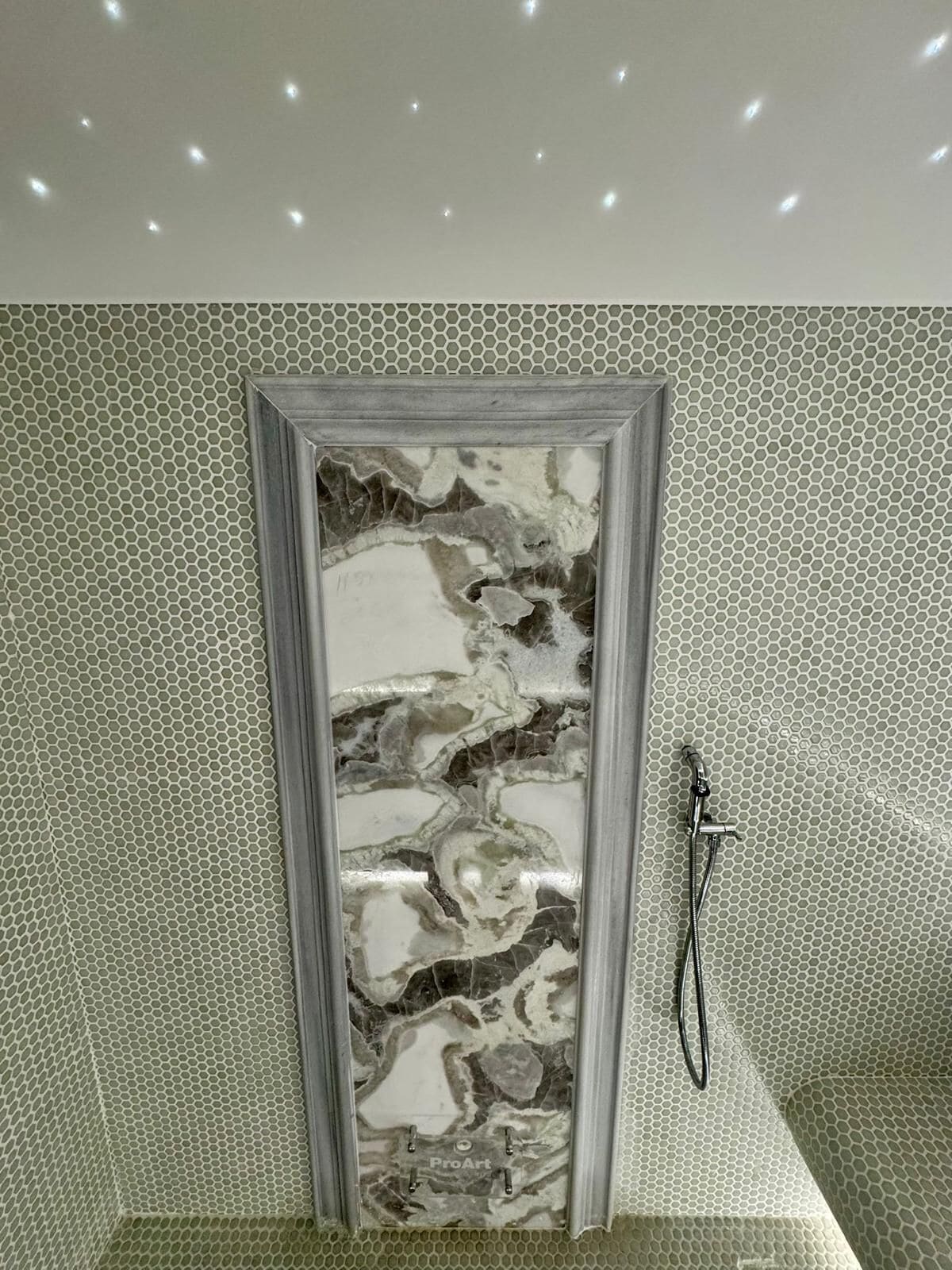 Un baño con zona de ducha, pared con azulejos y un panel tipo mármol en la puerta.