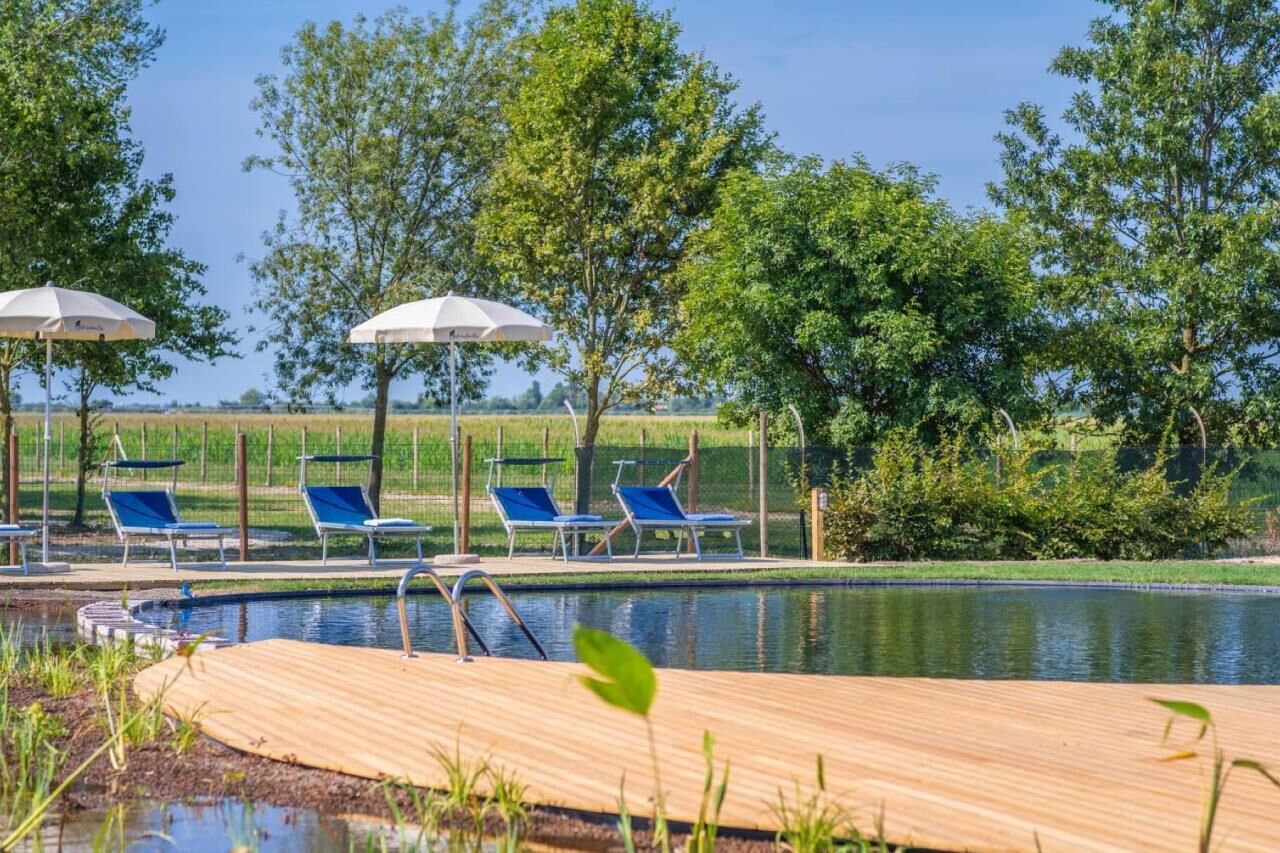 Zona de piscina con sillas de descanso y sombrillas, rodeada de árboles y vistas a un campo.
