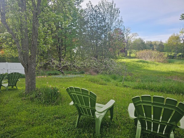 A grassy outdoor area with green chairs and a tree. - Charming Historic Loft Apartment in Waldoboro. Once an Army Post & Dance Hall. (Waldoboro)