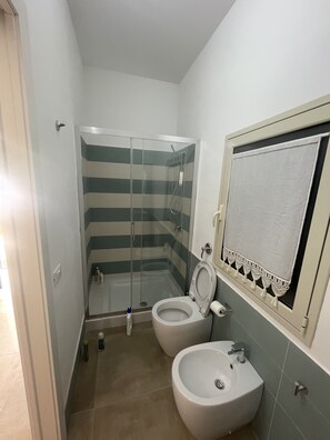 Dusche, Bidet, Handtücher, Seife