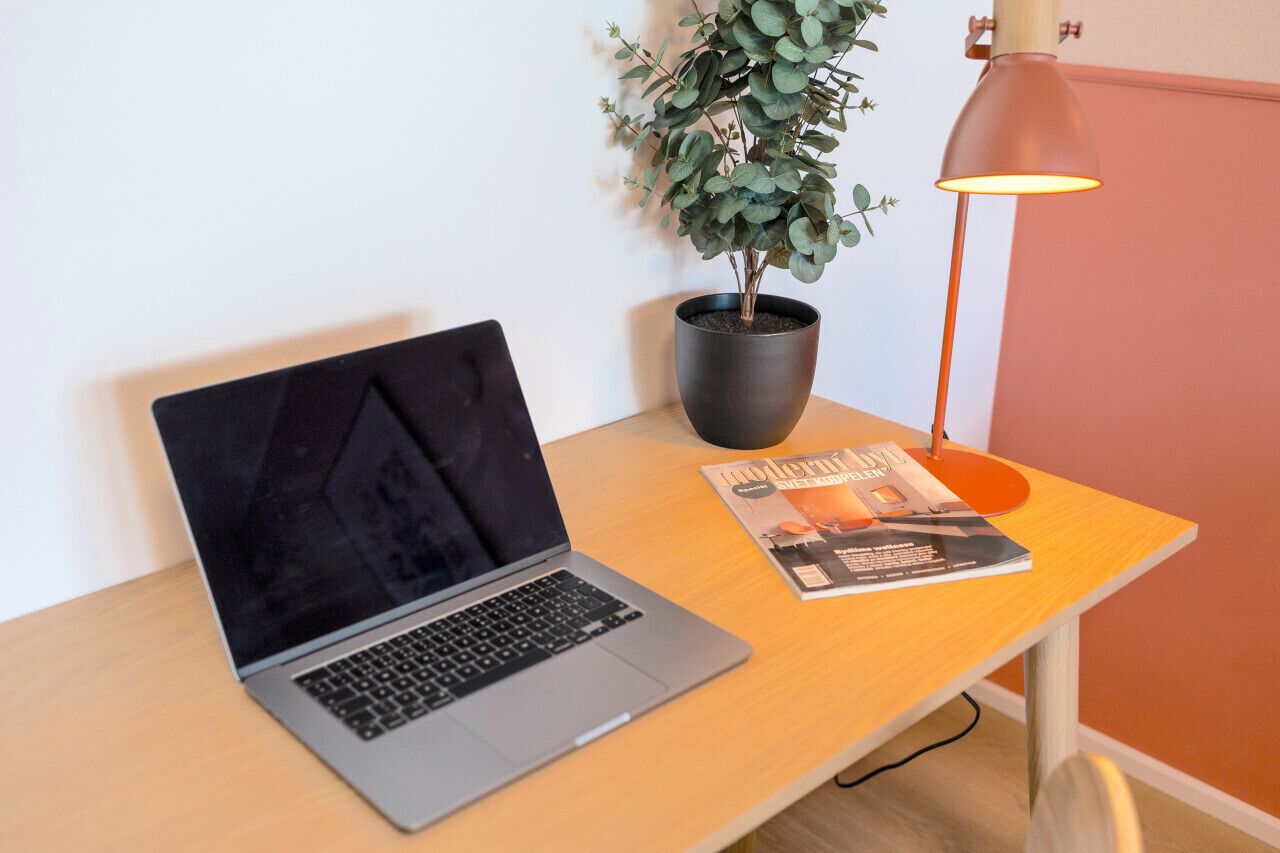 A laptop on a wooden desk with a potted plant and a magazine.