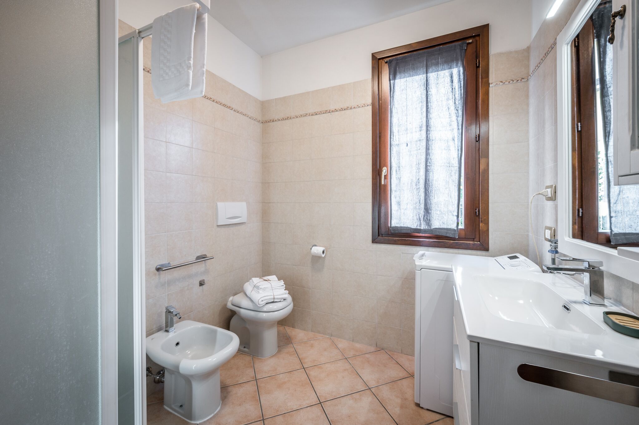 Shower, hair dryer, bidet, towels