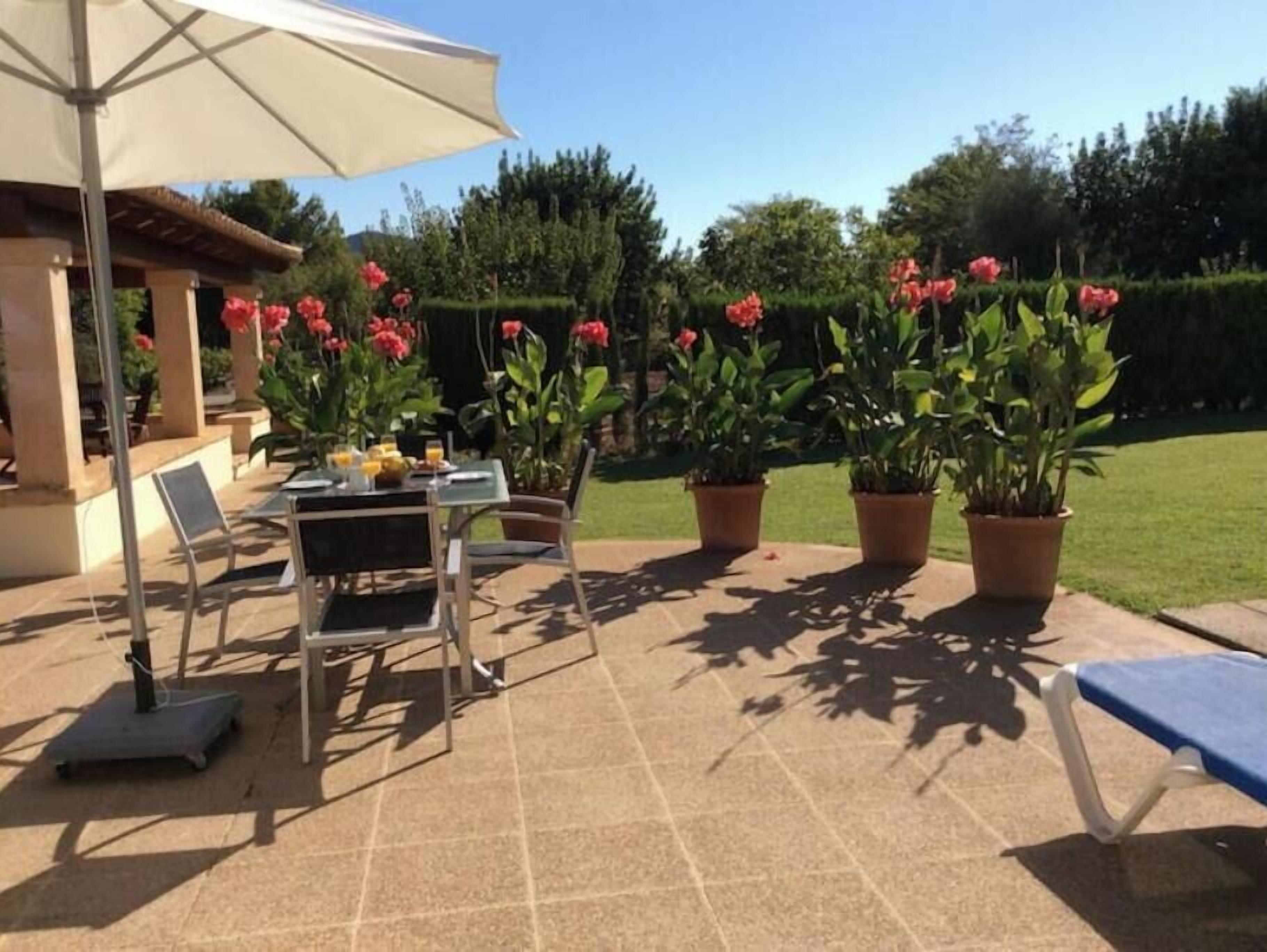 An outdoor patio with a table and chairs, potted plants, and a covered area.