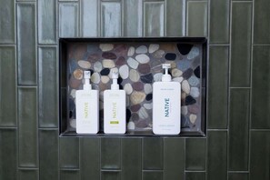 Regadera, secadora de cabello, toallas, shampoo 