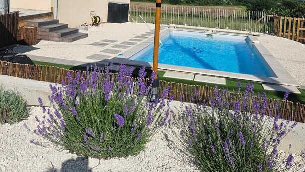 Piscina com um guarda-sol branco, rodeada por cascalho e plantas de lavanda.