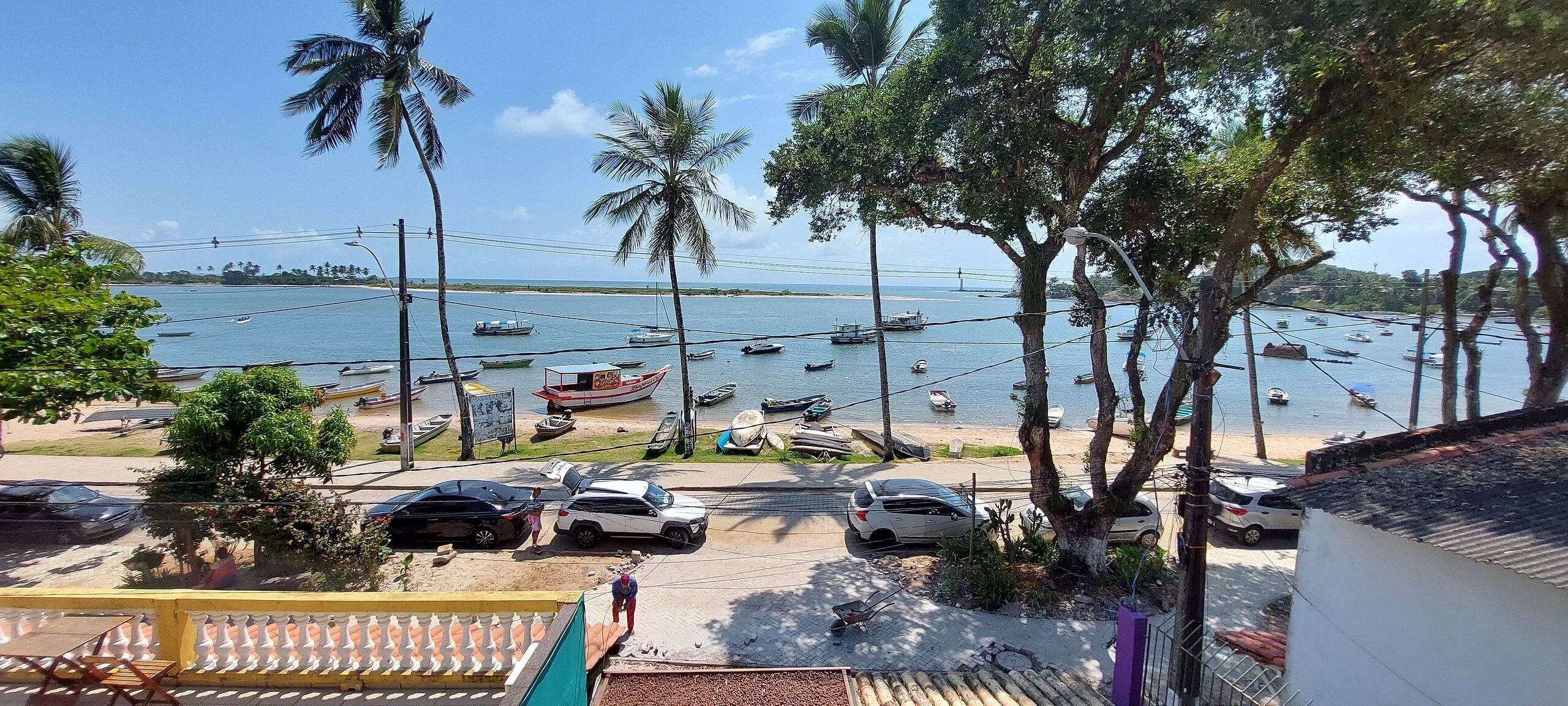 A coastal view with parked cars, boats, and palm trees.