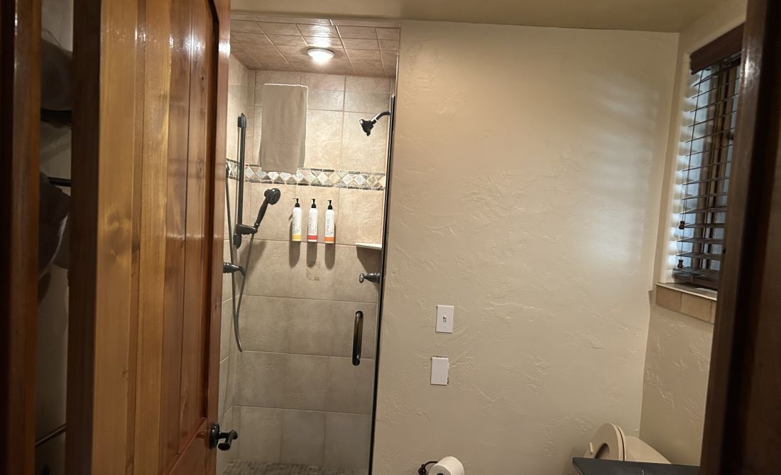 A bathroom with a glass shower door, a toilet, and a sink.