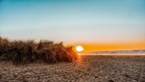 A beach with sand and grass, and the sun setting in the background.