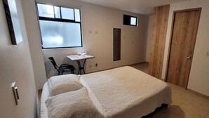 Una camera da letto con un letto, una scrivania, una sedia, una TV e un armadio.