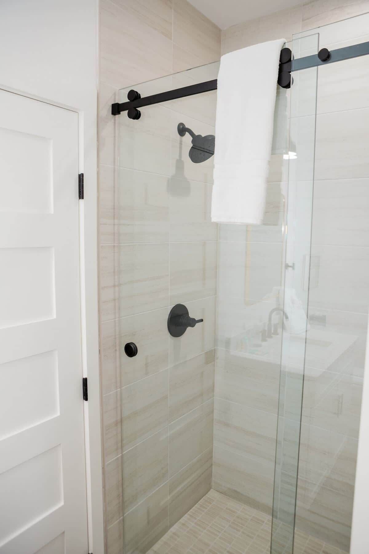 Shower, hair dryer, shampoo