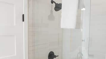 Shower, hair dryer, shampoo