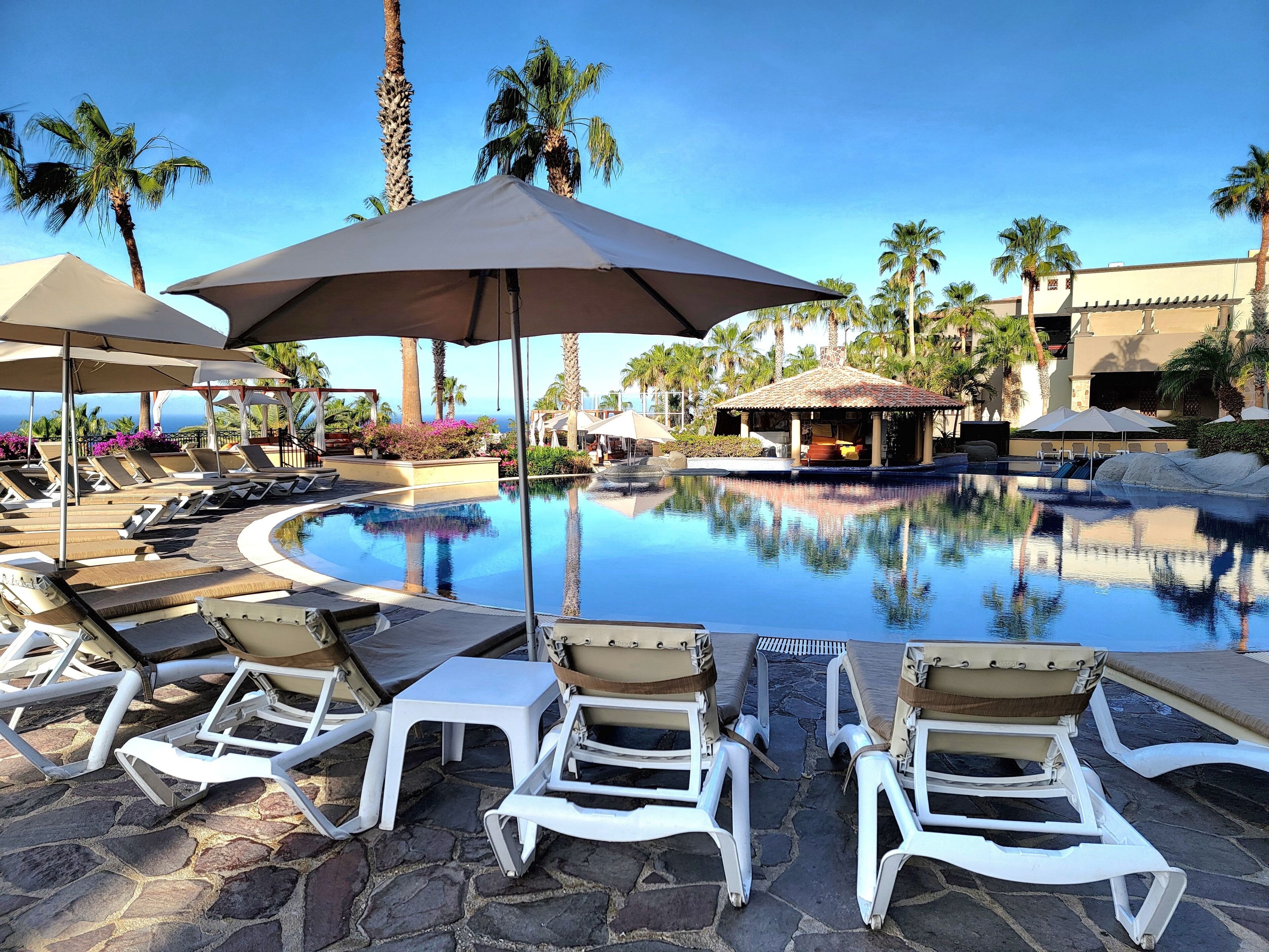 Un espace aménagé au bord de la piscine, avec des chaises longues et des parasols, entouré de palmiers et surplombé d’un ciel dégagé.