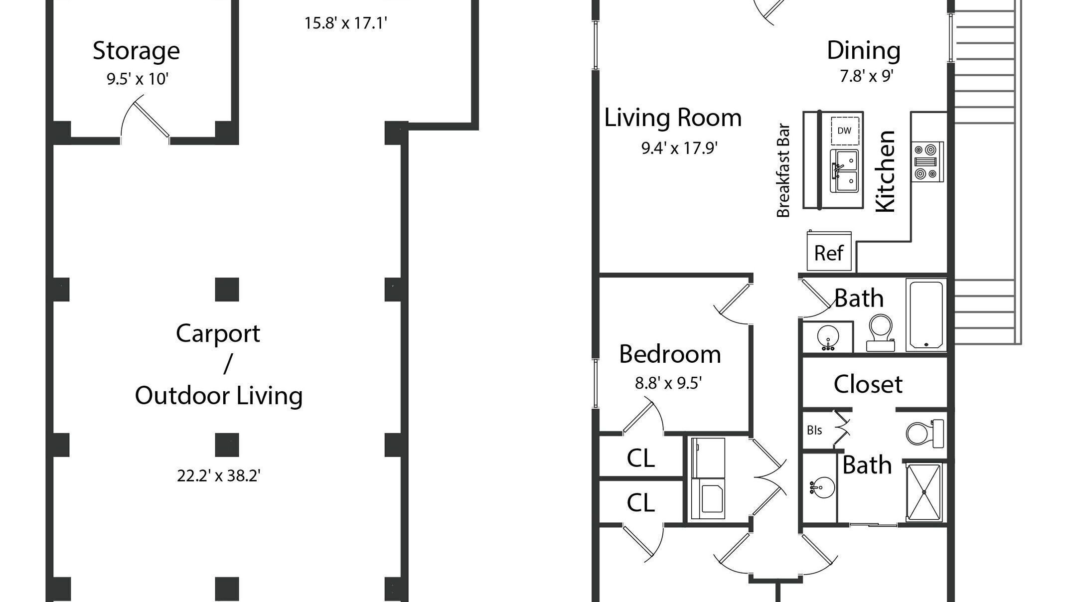 Plano de planta que muestra un área de almacenamiento, cochera, espacio para actividades al aire libre, sala de estar, comedor, cocina, baño y dormitorio.