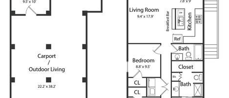 Plano de planta que muestra un área de almacenamiento, cochera, espacio para actividades al aire libre, sala de estar, comedor, cocina, baño y dormitorio.
