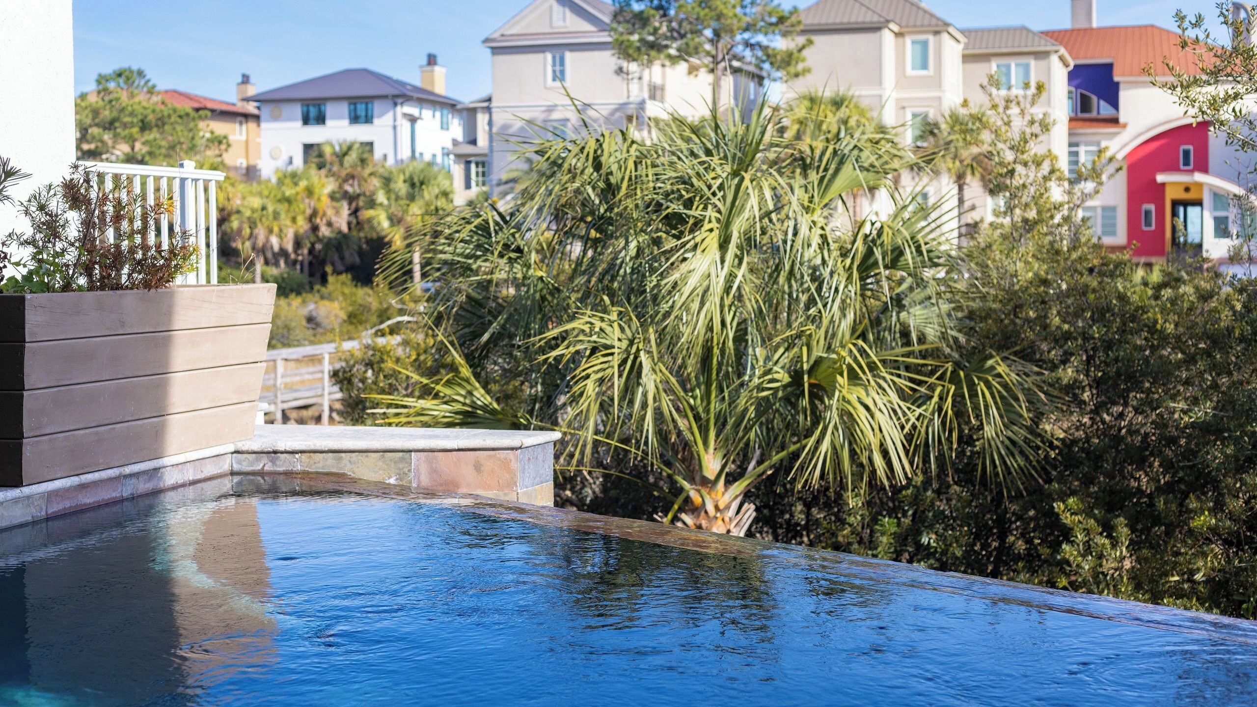 A swimming pool with a wooden deck and palm trees.