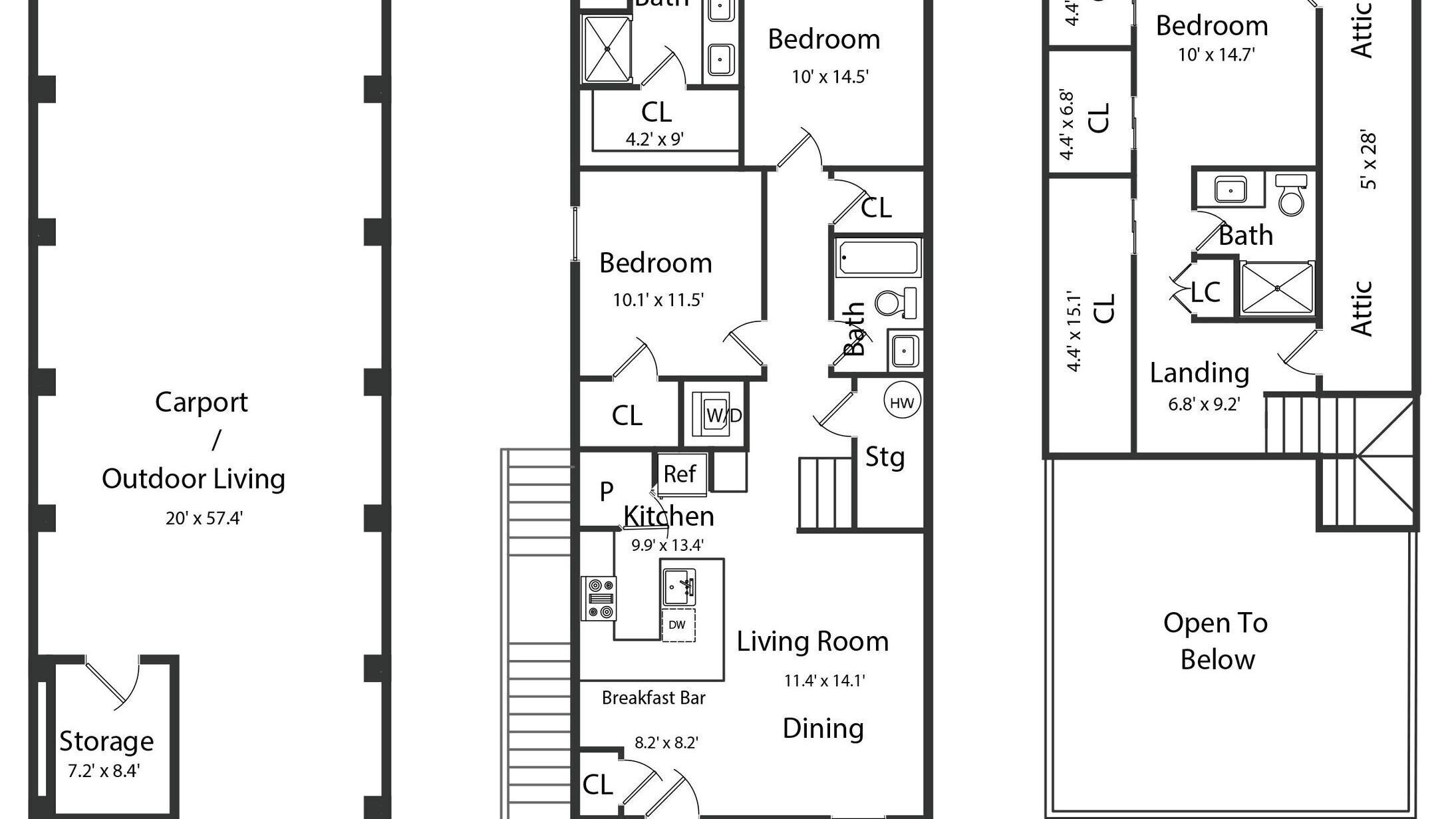 A floor plan with a carport, outdoor living area, storage, bedrooms, a kitchen, a living room, dining area, and an attic.