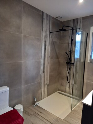 Dusche, Haartrockner, Handtücher, Seife