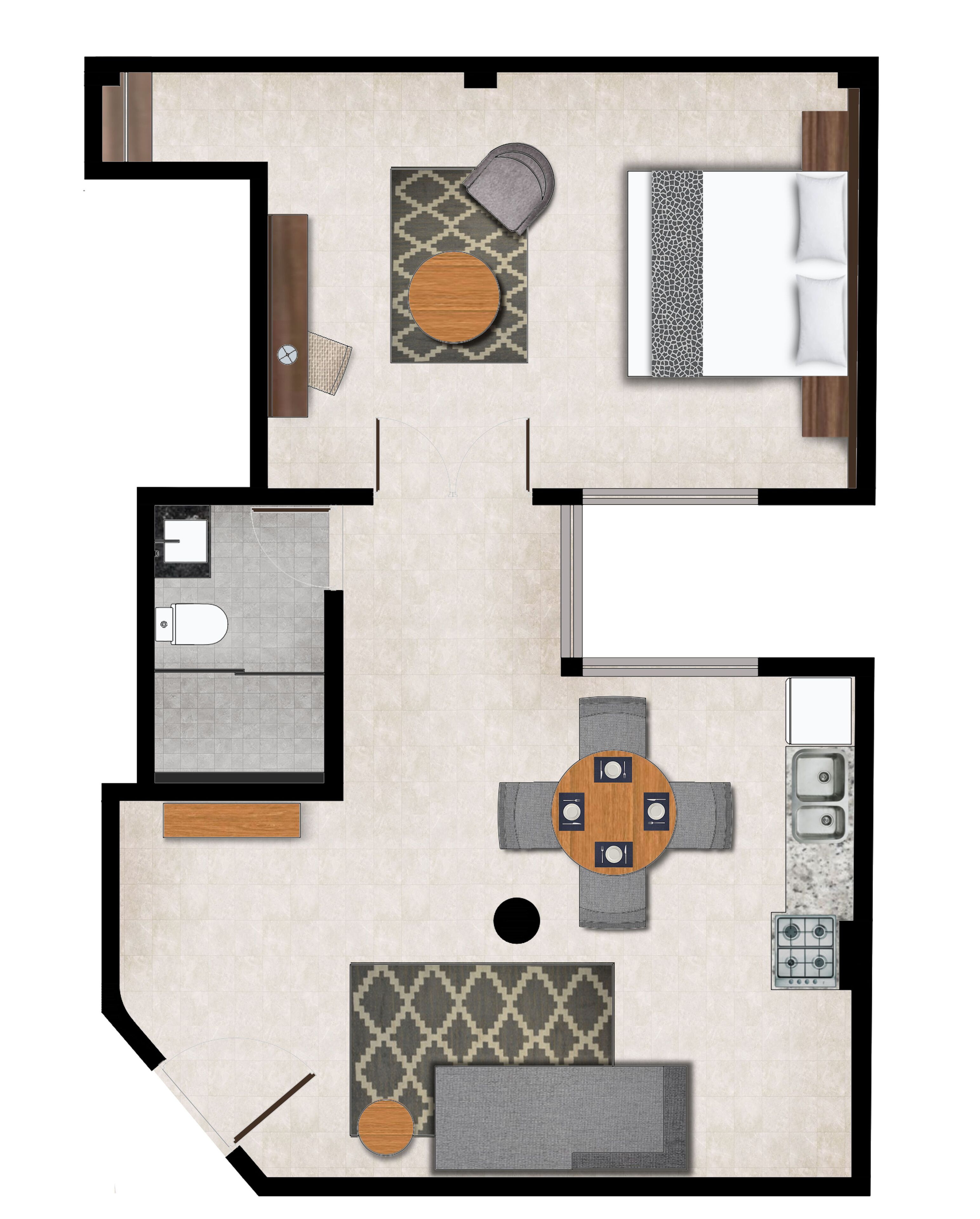 Een plattegrond van een hotelkamer, met een bed, een zithoek met een tafel en stoelen, een badkamer en een kitchenette.