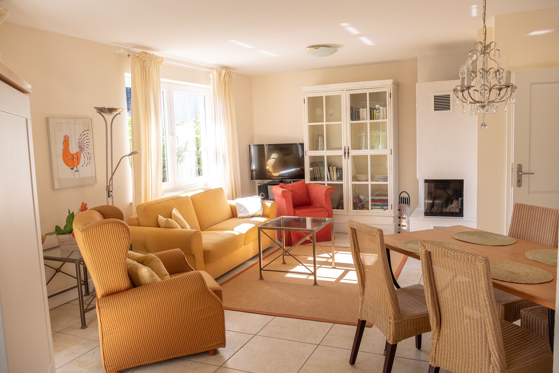 Smart TV, fireplace, books