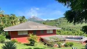 Una casa vermella amb teulada de rajola, envoltada d'herba i plantes verdes, amb una muntanya al fons.