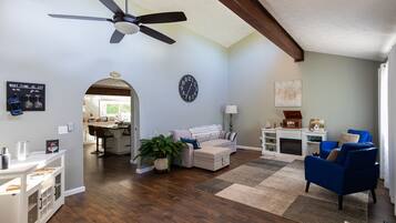 Smart TV, fireplace, video games, books