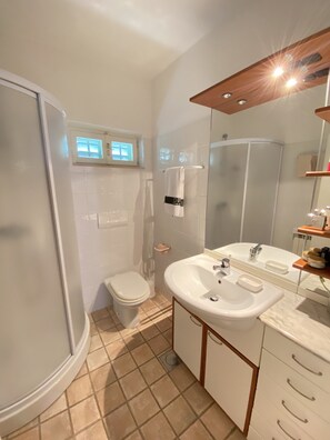 Ein Badezimmer mit Dusche, Toilette, Waschbecken und Spiegel.