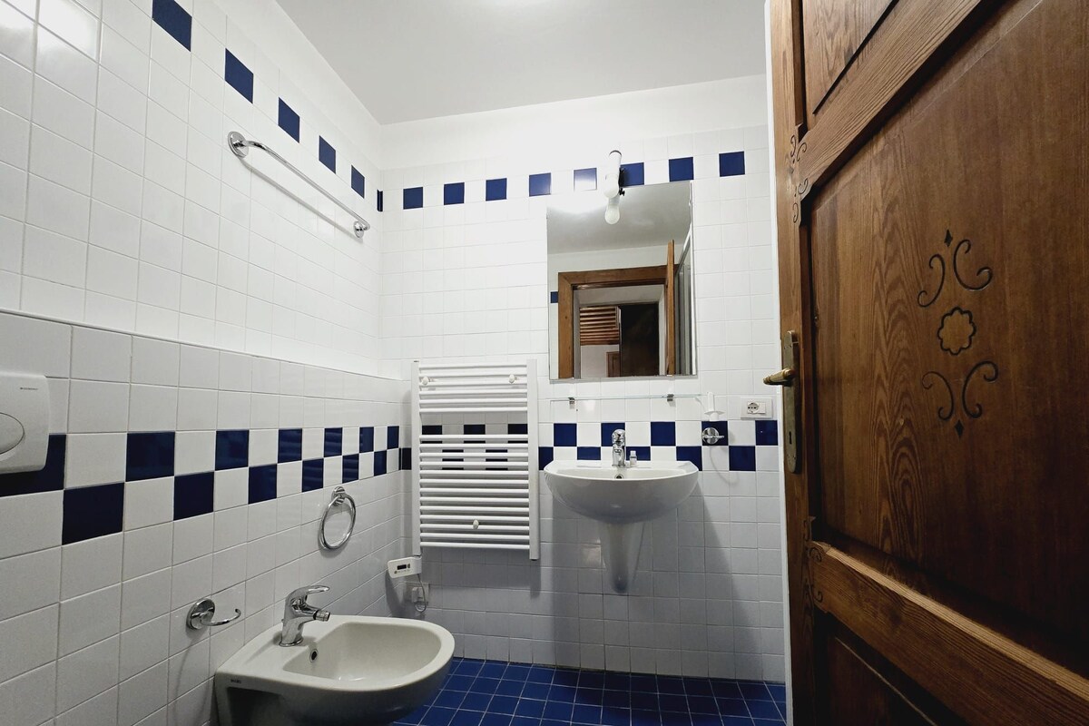A bathroom with white and blue tiles, a bidet, a sink, and a wooden door.