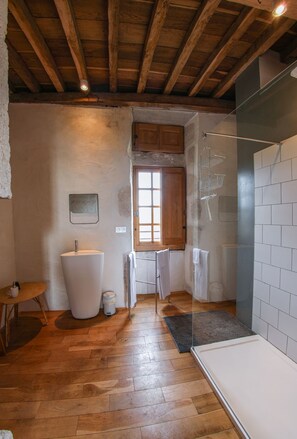 Regadera, secadora de cabello, toallas, papel de baño