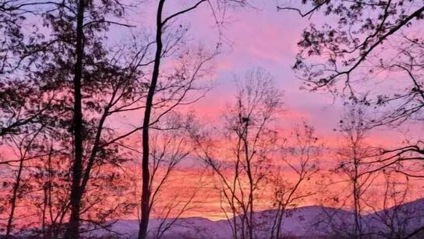 A wooden deck overlooking a forested area with a sunset in the background. - Outdoor Enthusiast's Hideaway and Sauna, Weikert (Millmont)