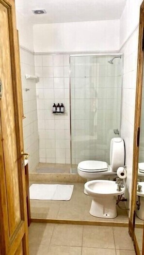 Hair dryer, towels, soap, shampoo