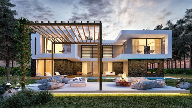 A modern two-story house with a pool, outdoor seating, and a pergola.