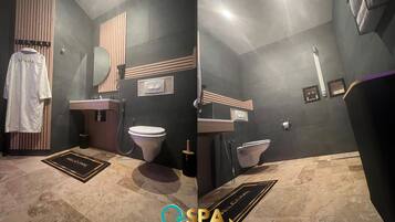 Douche, sèche-cheveux, serviettes fournies, savon