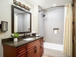 Hair dryer, towels, soap, shampoo