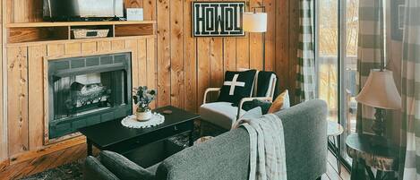 Smart TV, fireplace, DVD player, video library