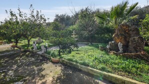 A garden with a variety of trees, a rock formation, and a small statue. - 2 bedroom awesome home in Altavilla Milicia (Altavilla Milicia)