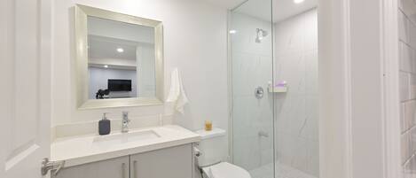 Une salle de bain moderne avec une douche à parois de verre, un lavabo blanc et des toilettes.