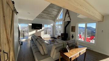 Smart TV, fireplace, foosball, computer monitors