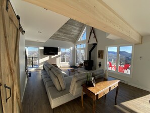 Smart TV, fireplace, table football, computer monitors