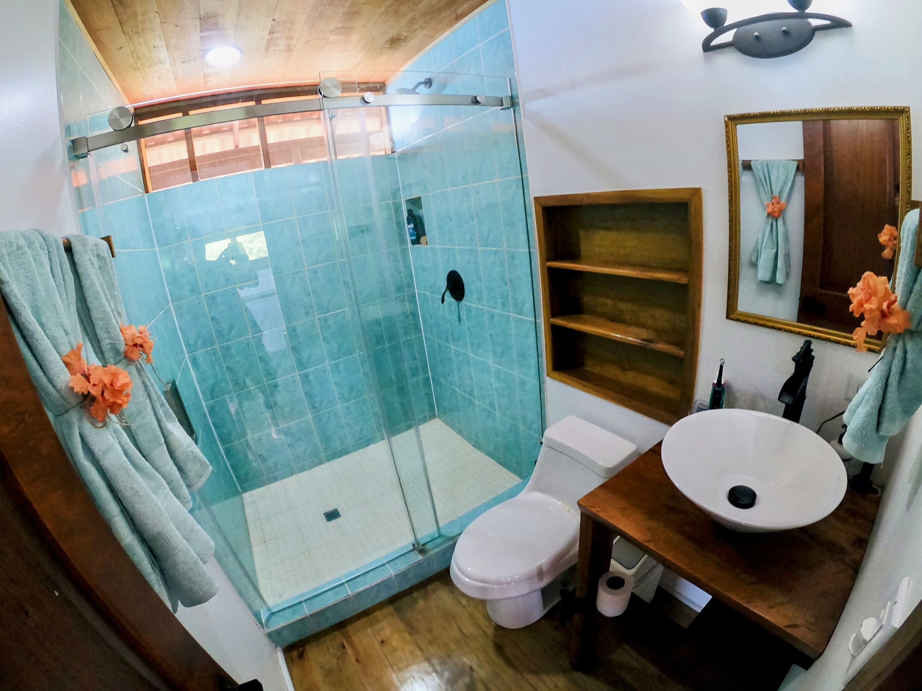 Regadera, amenidades de baño ecológicas, toallas, jabón 