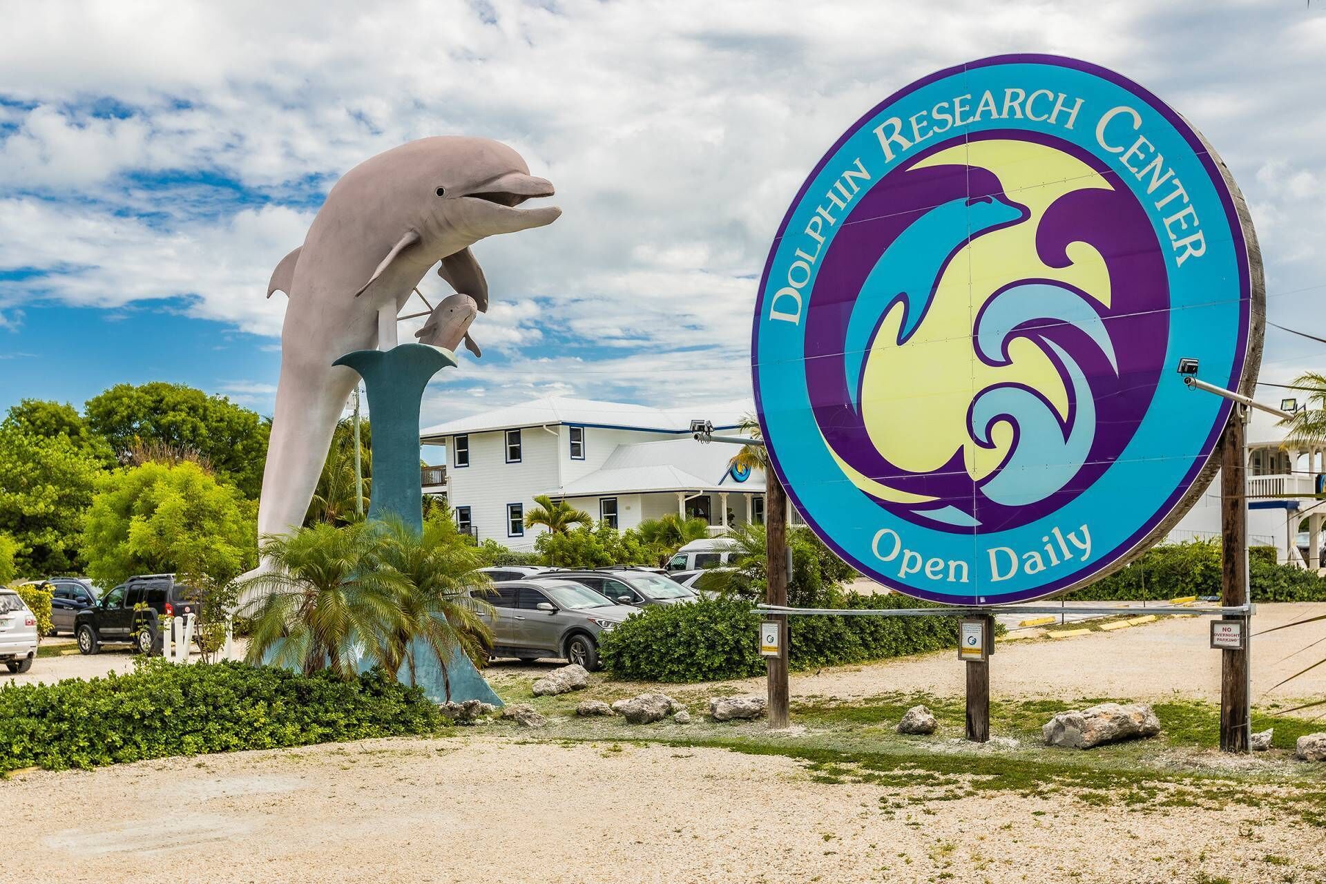Een dolfijnbeeld en een rond bord met de tekst Dolphin Research Center.