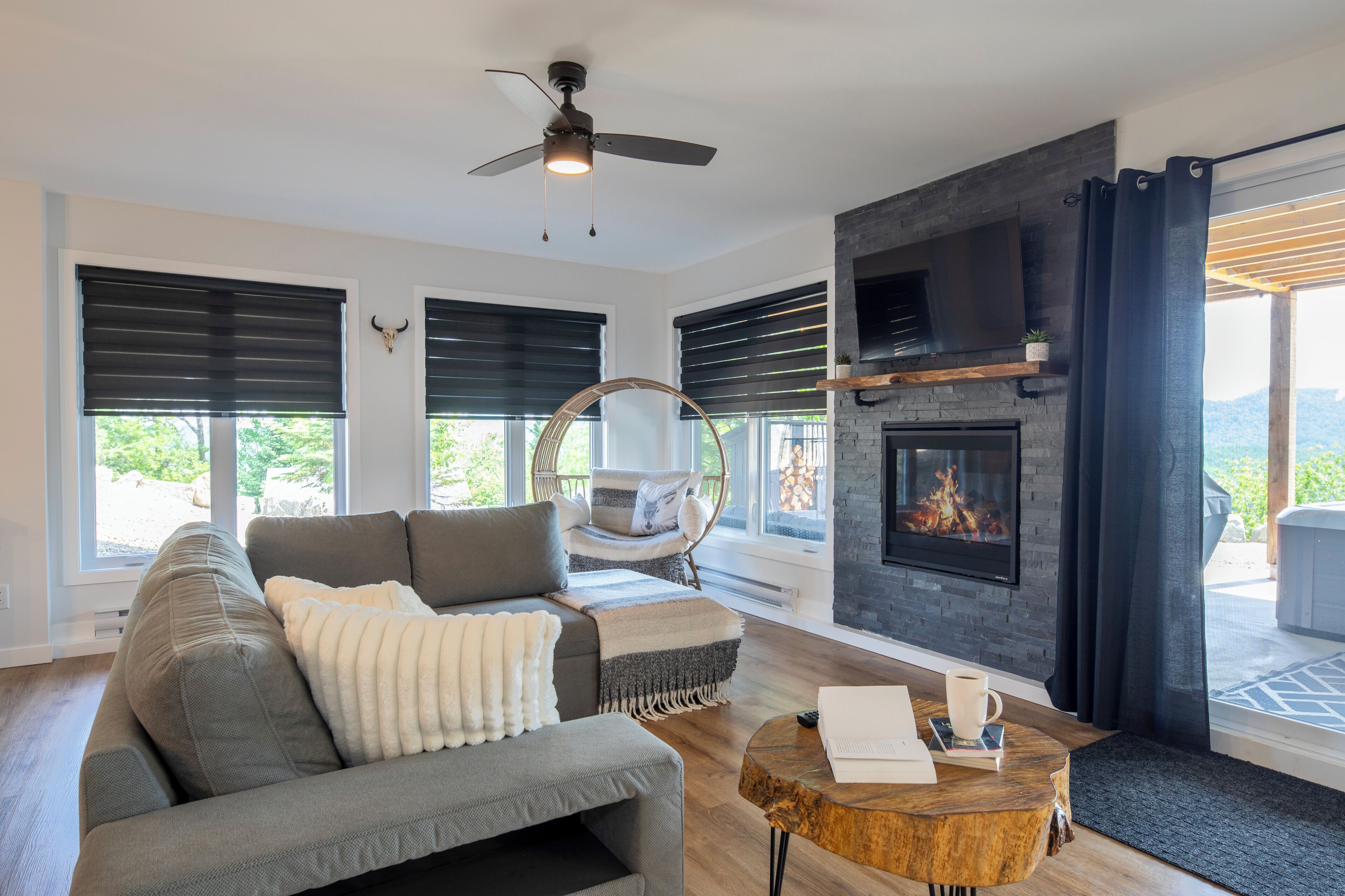 TV connectée, cheminée, écrans d'ordinateur