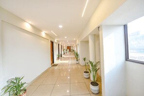 Um corredor longo e bem iluminado, com plantas em vasos e vista para o exterior através de uma janela.