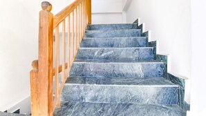 A staircase with wooden railings and blue marble steps. - Fabhotel Elavali Valley (Manali)