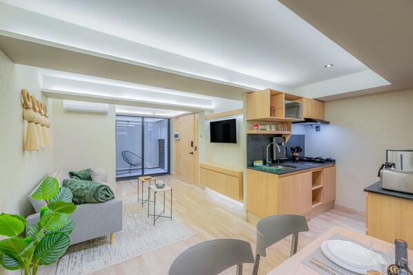 Comfort Apartment, Balcony, Ground Floor | Private kitchen | Full-size fridge, microwave, espresso maker, coffee/tea maker