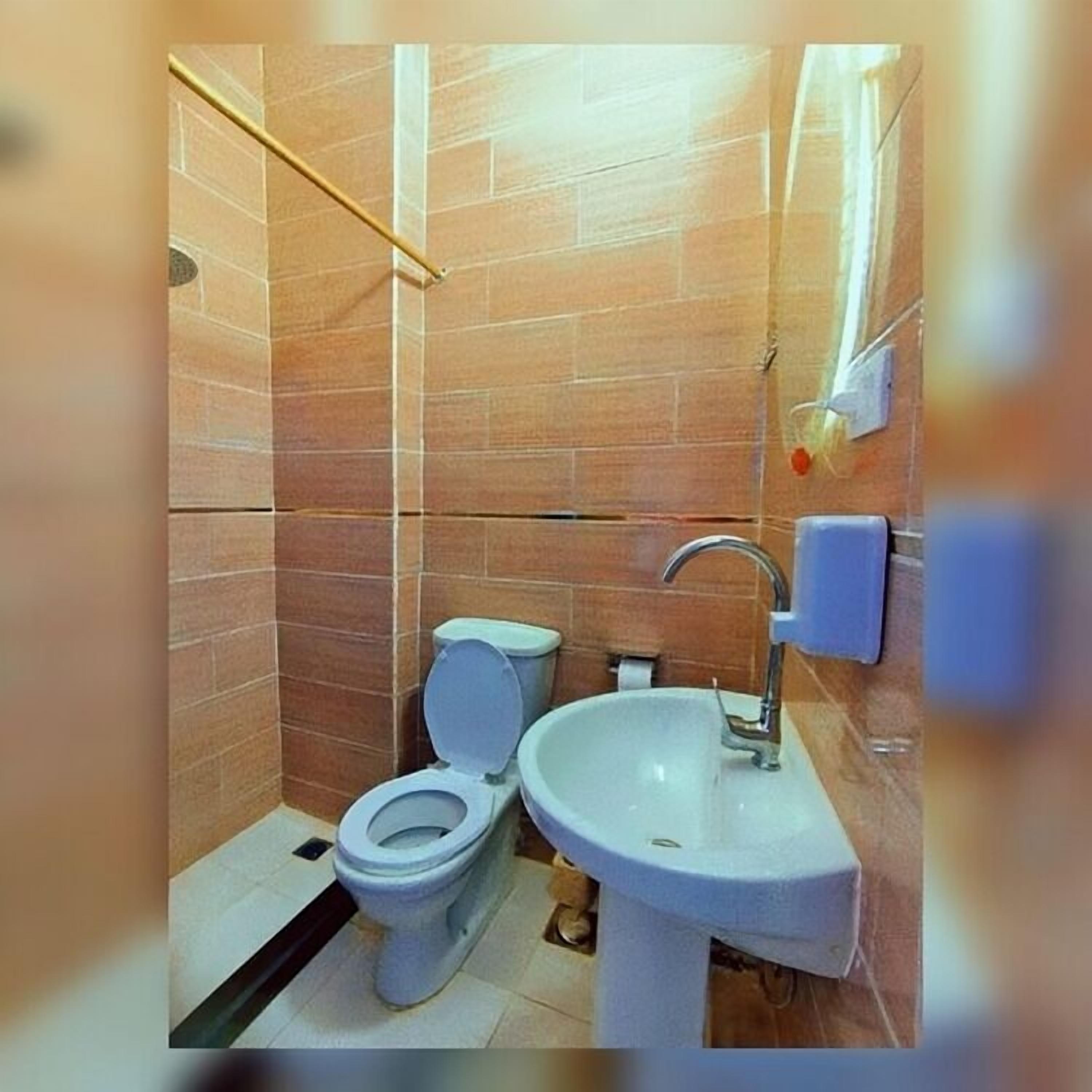 A small bathroom with a toilet, sink, and shower.