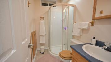 Hair dryer, towels, soap, shampoo