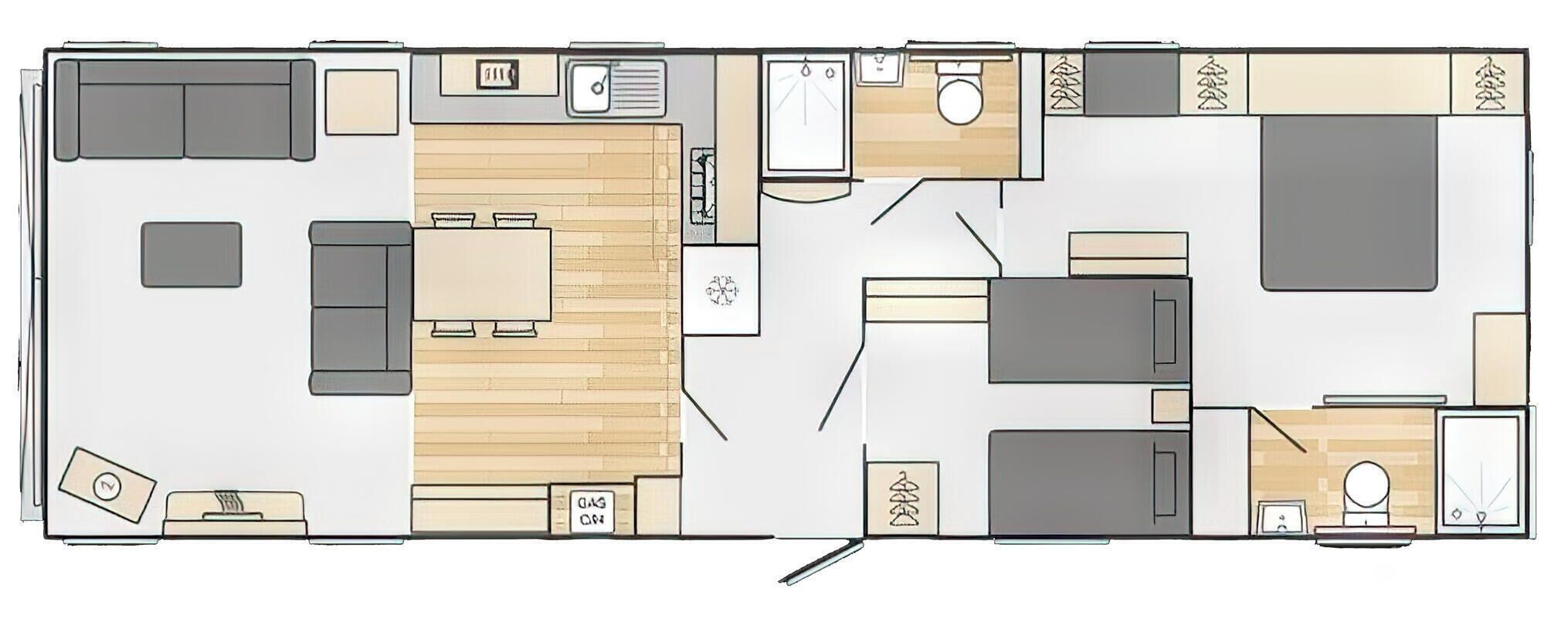 A floor plan of a hotel room with a bed, a desk, a chair, a small table, and a bathroom.