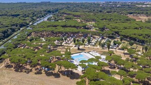 An aerial view of a resort with a swimming pool, dense greenery, and a river. - Nice apartment in villa for 4 people with A/C, WIFI, pool, TV, terrace and pets allowed (Rome)